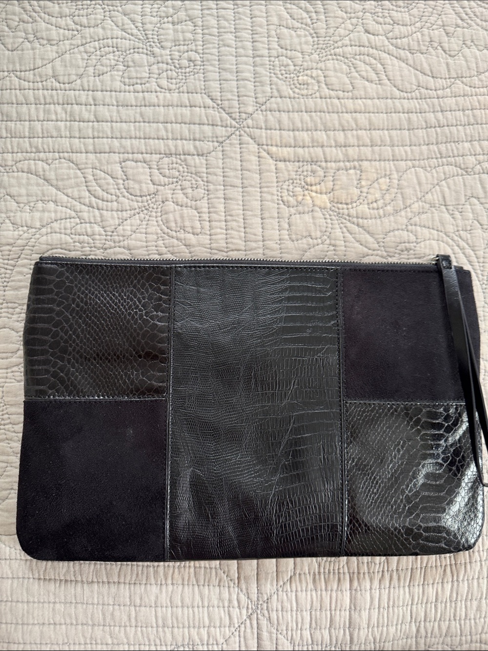 Cosmopolitan Black Patchwork Leather & Suede Toiletry Pouch with Wrist Strap